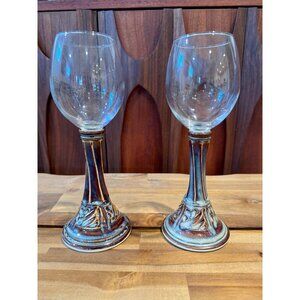 Vtg. Set of 2 Handcrafted Pottery Stoneware Wine Glasses Goblets Chalice SIGNED